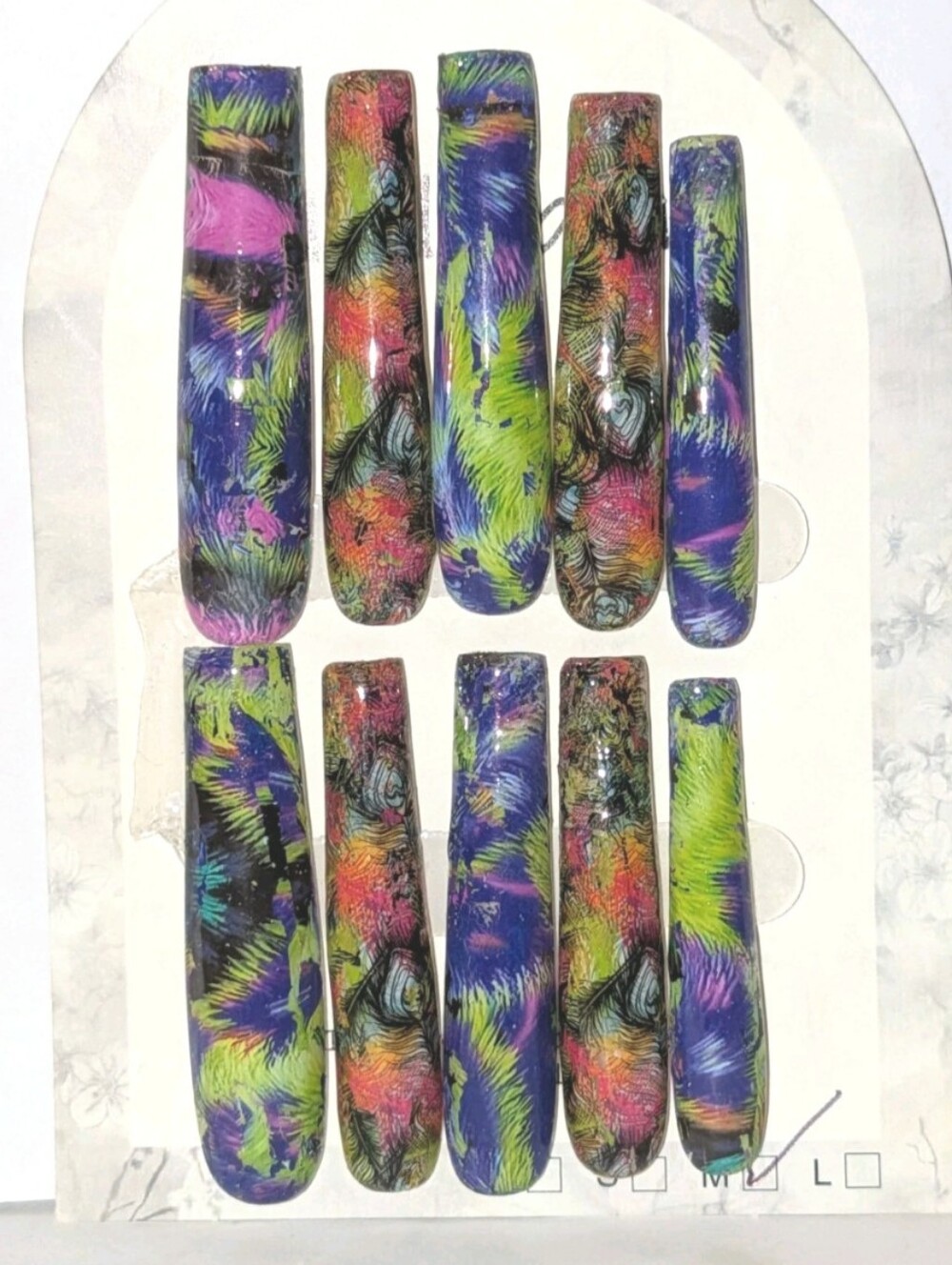 Hand Crafted 3Xl Colorful Neon Feathered Full-Cover Press-On Nails Sz Medium
